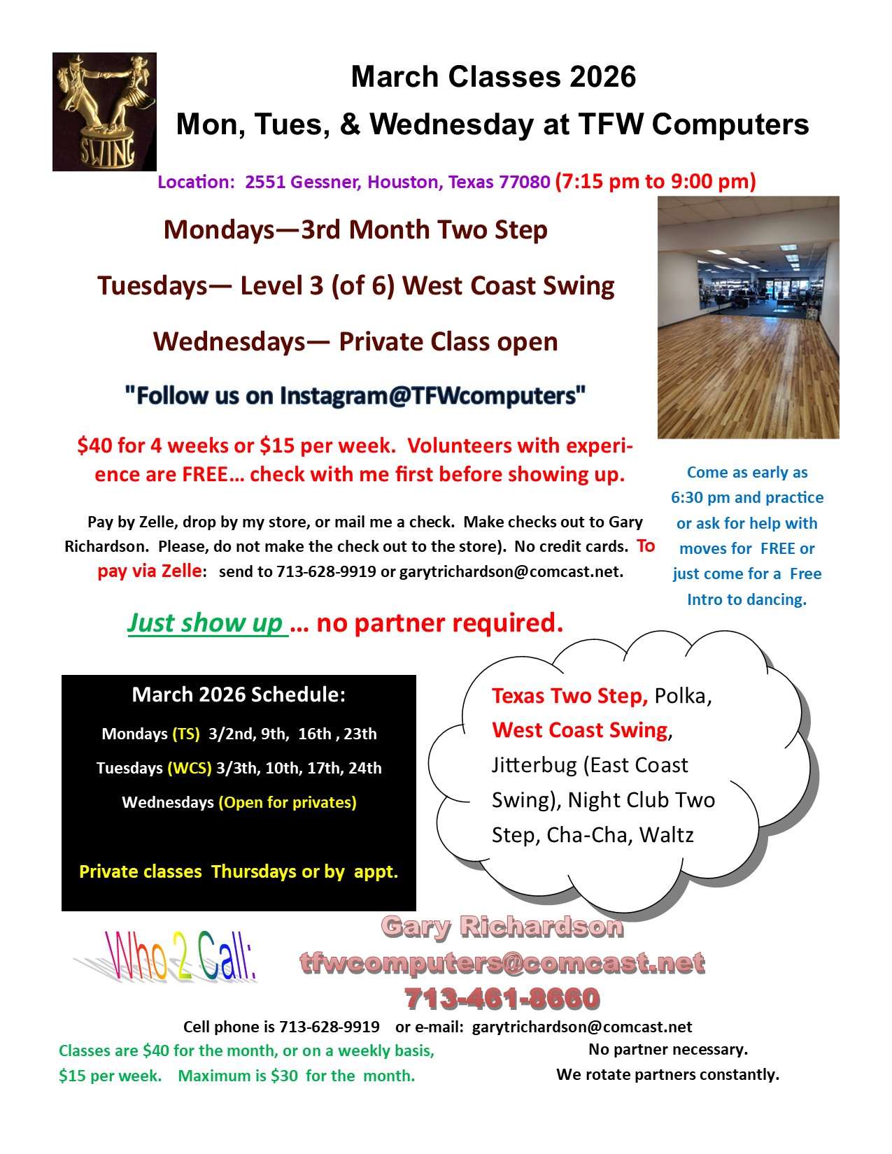 Typical monthly dance class schedule